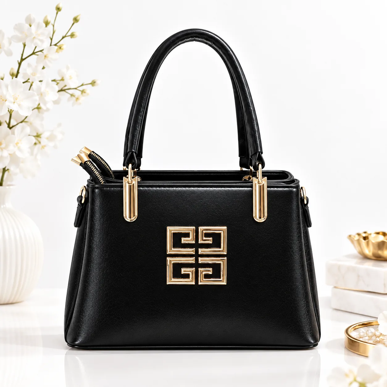 کیف زنانه چرم مجلسی طرح Givenchy با سه محفظه زیپ‌دار و یراق آلات طلایی